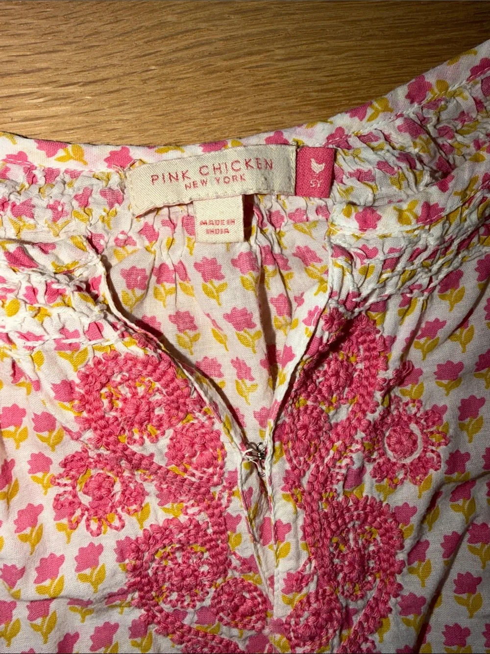 Pink Chicken Pink/Yellow Floral Block Print Cotton Embroidered Tunic Dress Sz 5y